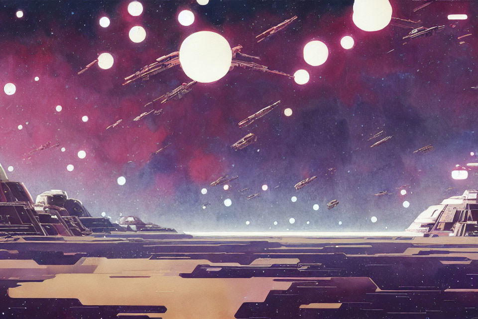 Stylized sci-fi scene with spaceships in pink and purple cosmic sky