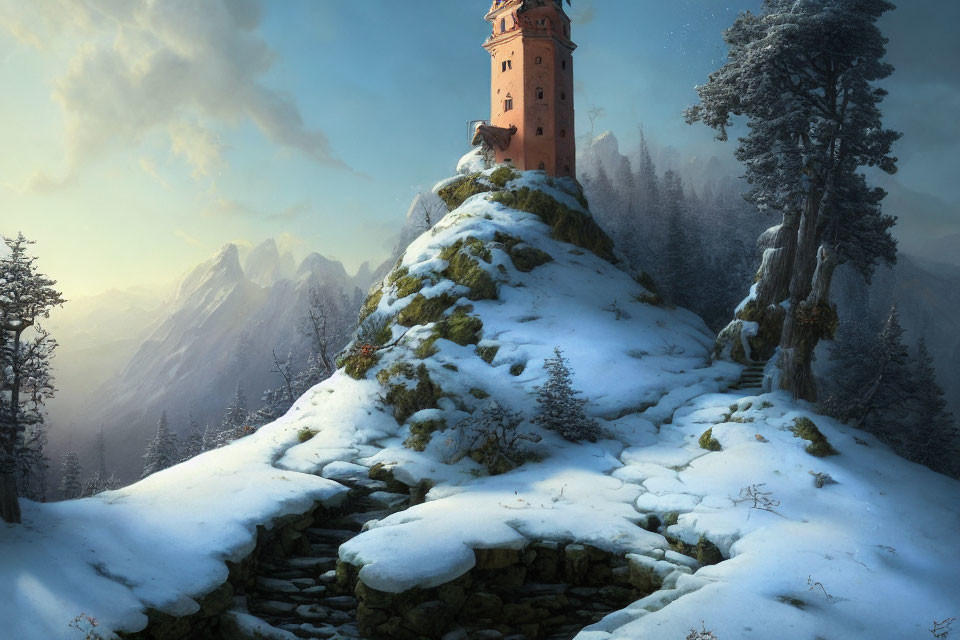 Snowy landscape with solitary tower, pine trees, and mountains under blue sky