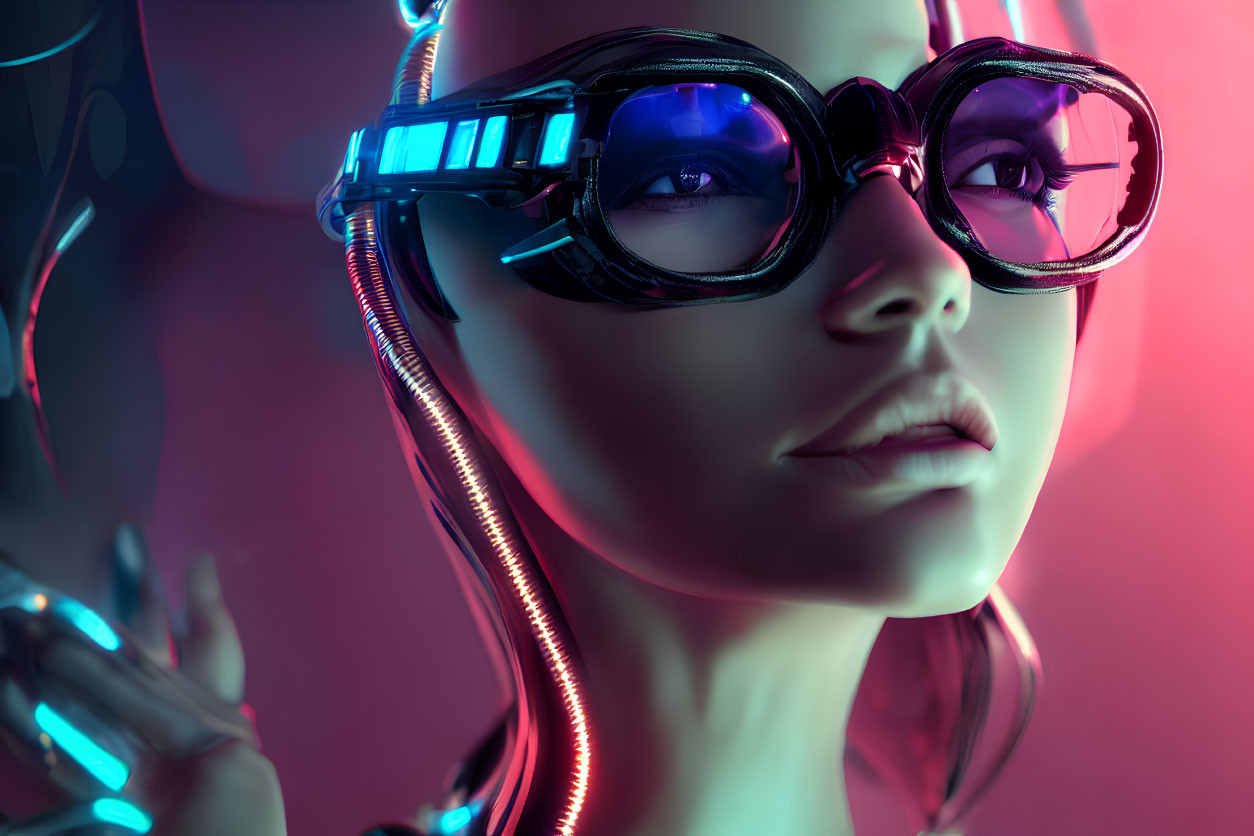 Female Figure with Futuristic Goggles in Neon-lit Cyberpunk Setting