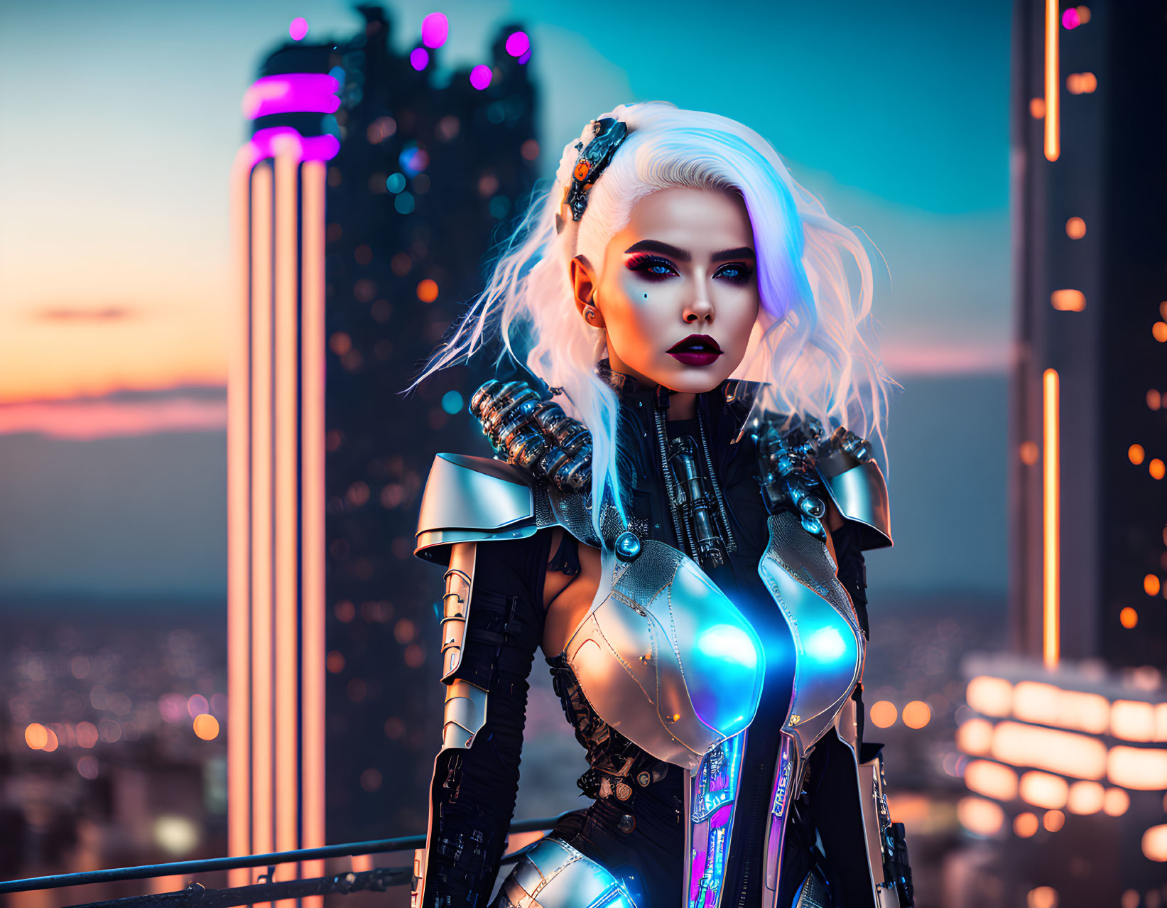 Cyberpunk girl on a rooftop