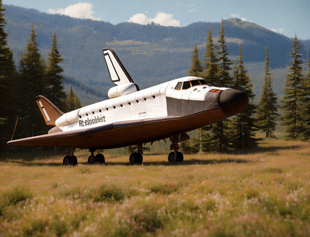 Retired Space Shuttle Displayed in Field with Mountains