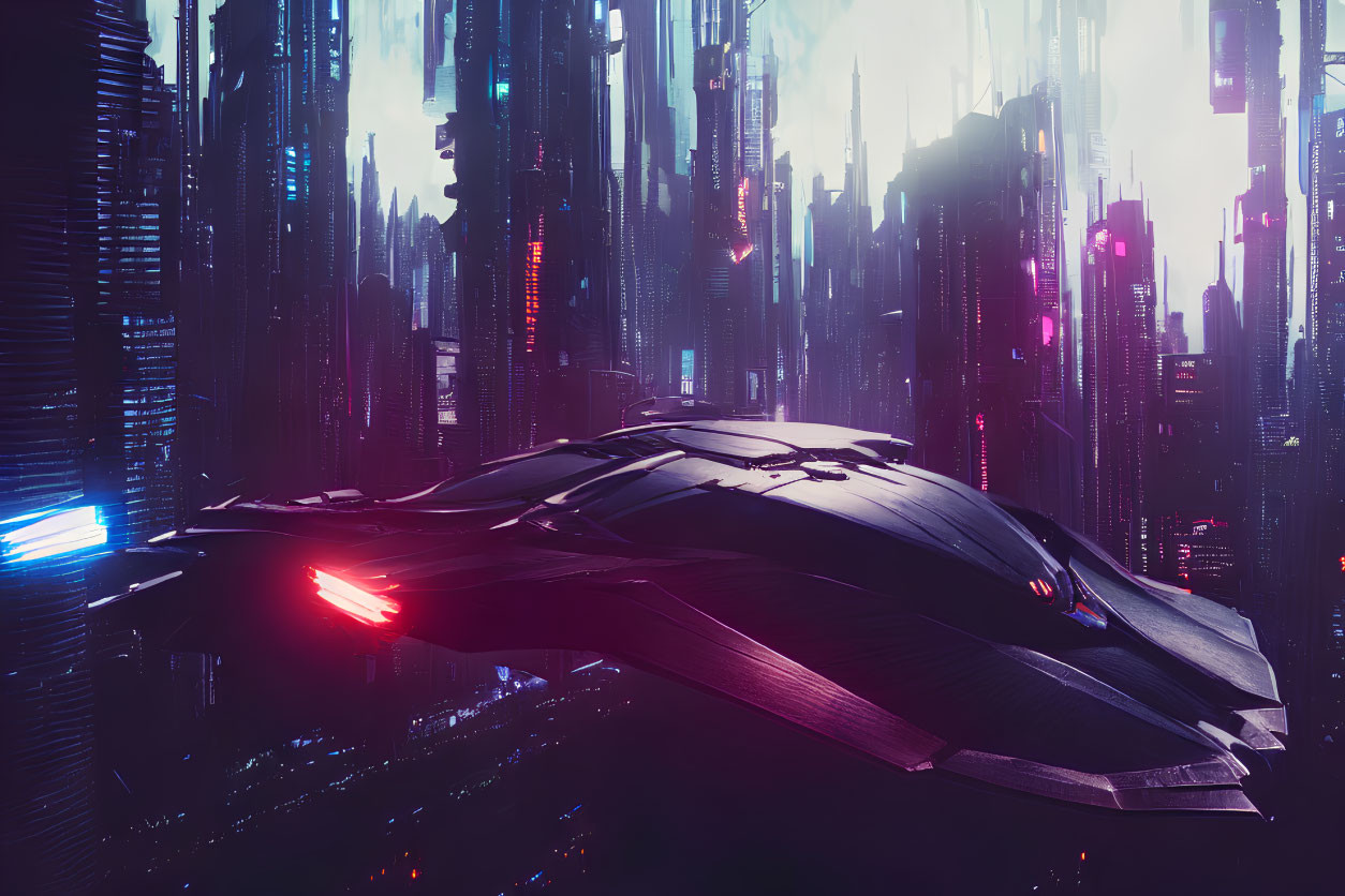 Futuristic spaceship in neon-lit high-tech cityscape at dusk