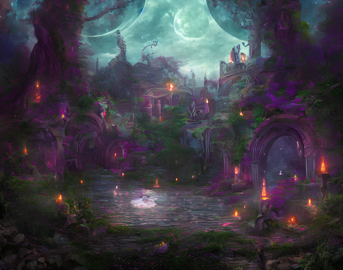 Enchanting forest scene with moonlit pond and stone archways