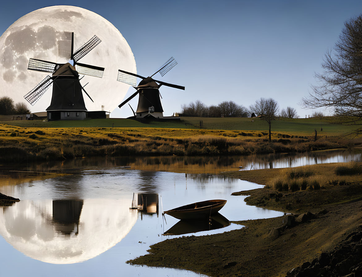 Scenic river landscape with windmills, moon, and boat.