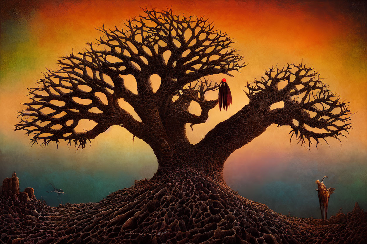 Vibrant surreal painting: Baobab tree, scarlet figure, birds in fiery sky