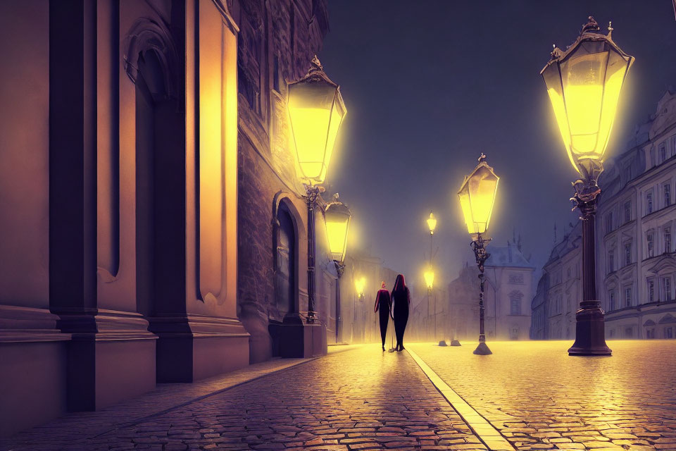Historical cobblestone street at night with warm street lamps and couple walking.