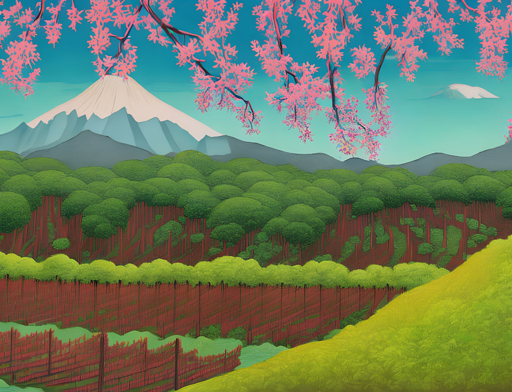 Colorful Cherry Blossom Landscape with Snowy Mountains