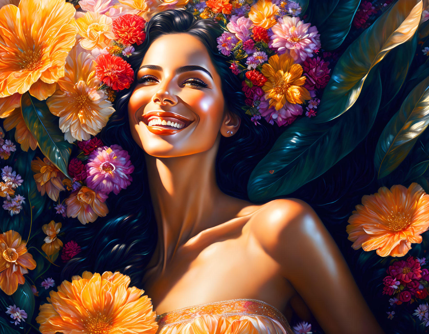 Beautiful Woman with a smile appears from flowers