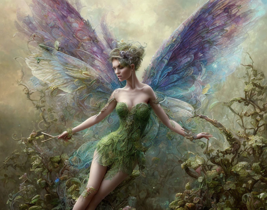Mystical fairy with iridescent wings in green dress among flourishing foliage