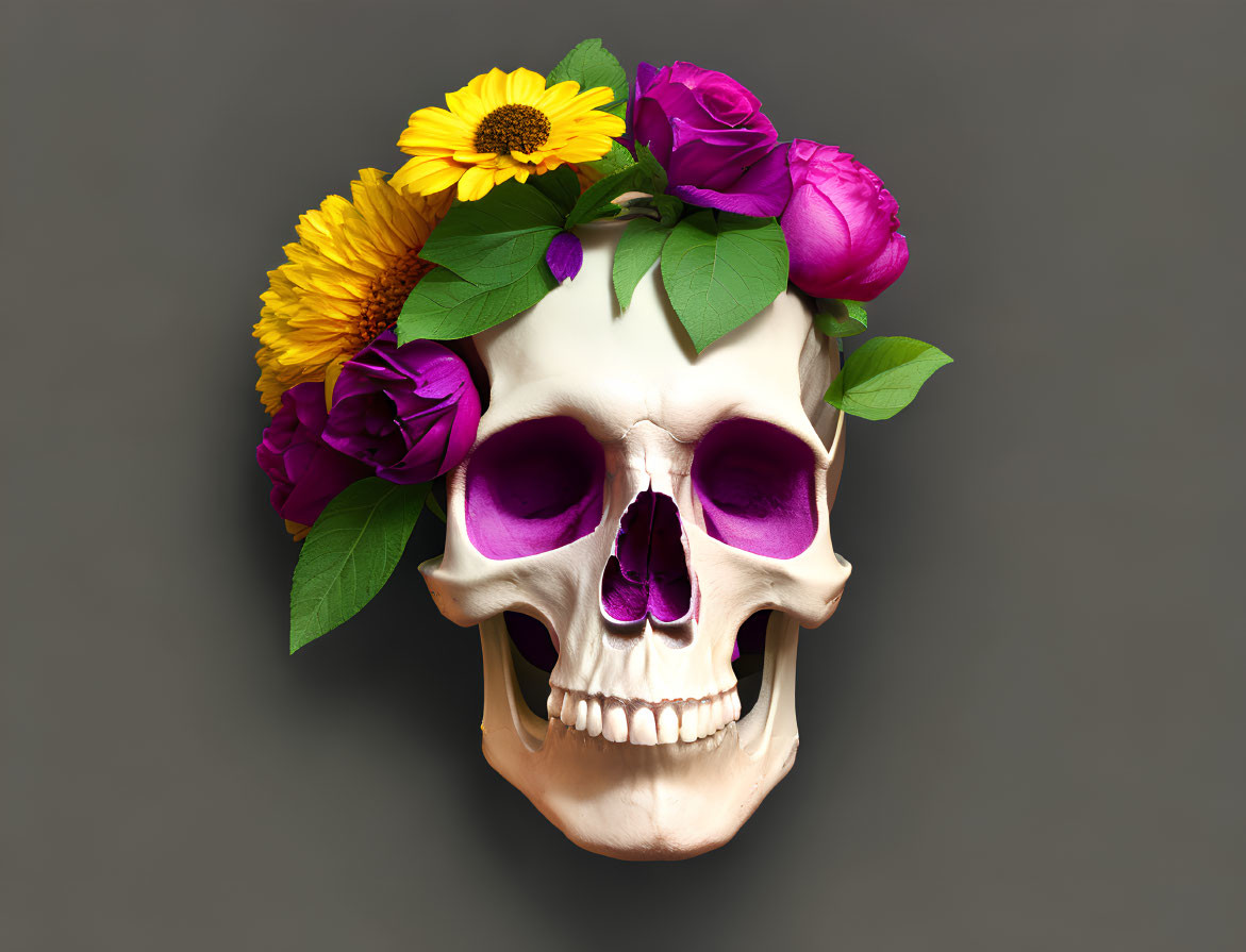 Skull with purple and yellow flowers on grey background symbolizing life and death