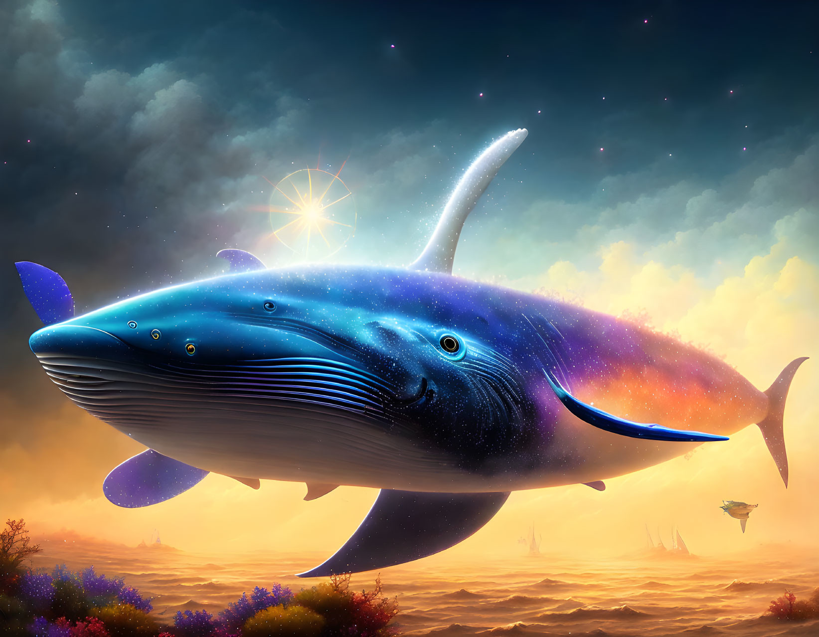 Whale colorful spirit in night desert sky 