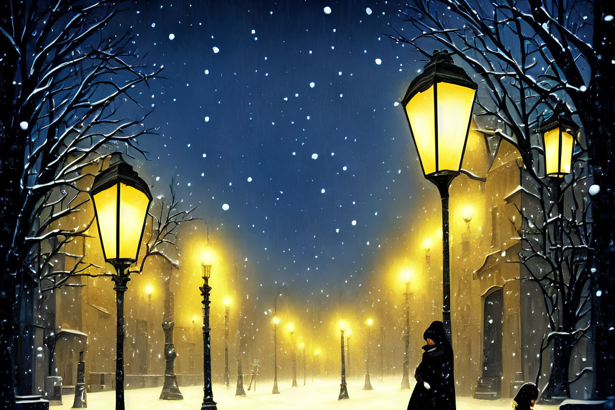 Snow-covered street with glowing lamps and falling flakes