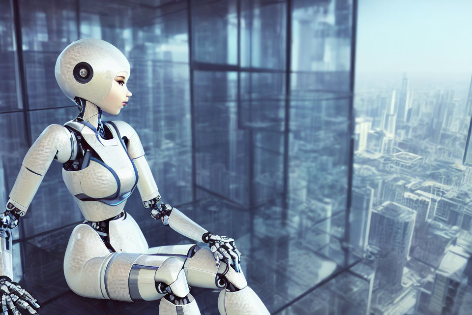 Humanoid Robot Contemplating Futuristic Cityscape