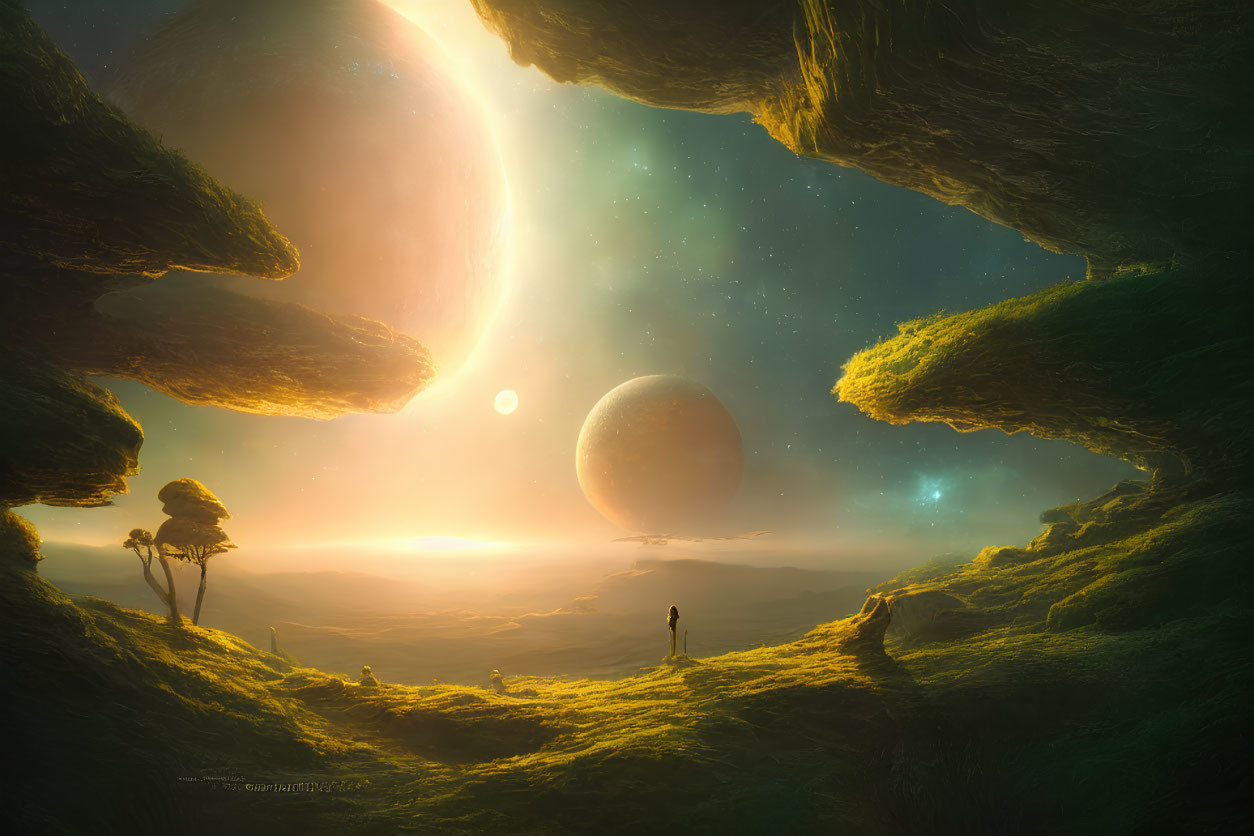 Person on verdant terrain under alien sky with two planets and rock formation