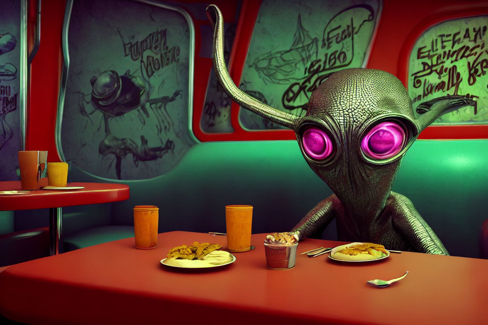 Purple-eyed alien in retro diner booth with graffiti art on red wall