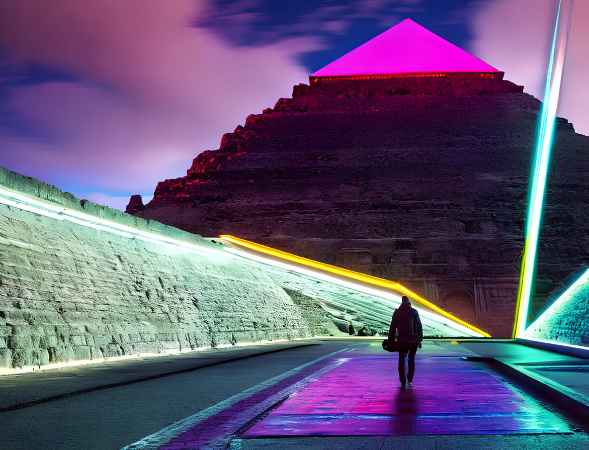 Great Pyramid illuminated with neon lights at night casting colorful reflections