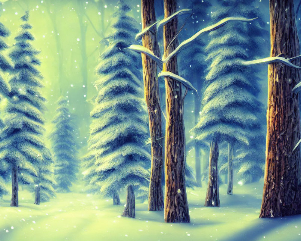 Snow-covered winter landscape with serene fir trees and falling snowflakes