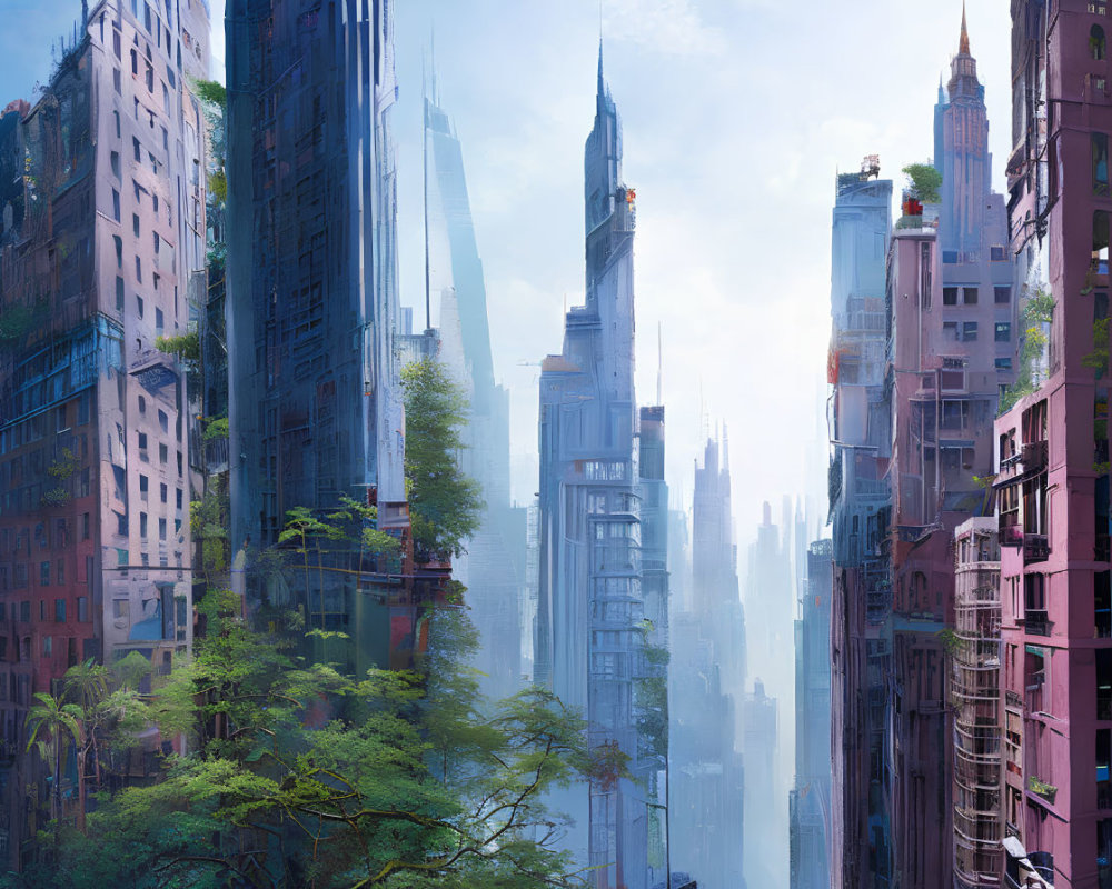 Futuristic cityscape with skyscrapers and lush vegetation blend