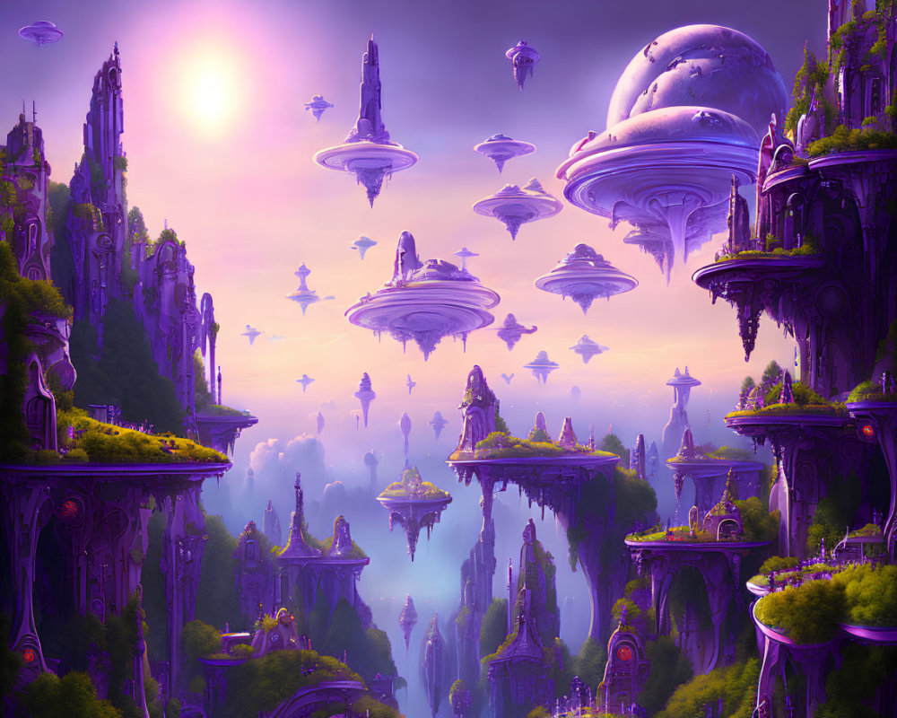 Fantasy landscape with floating islands and alien structures in vibrant purple hues