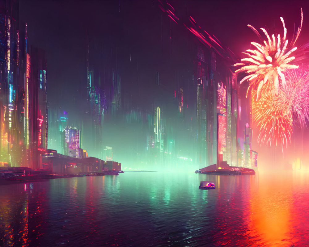 Futuristic cityscape at night: neon lights, skyscrapers, waterfront
