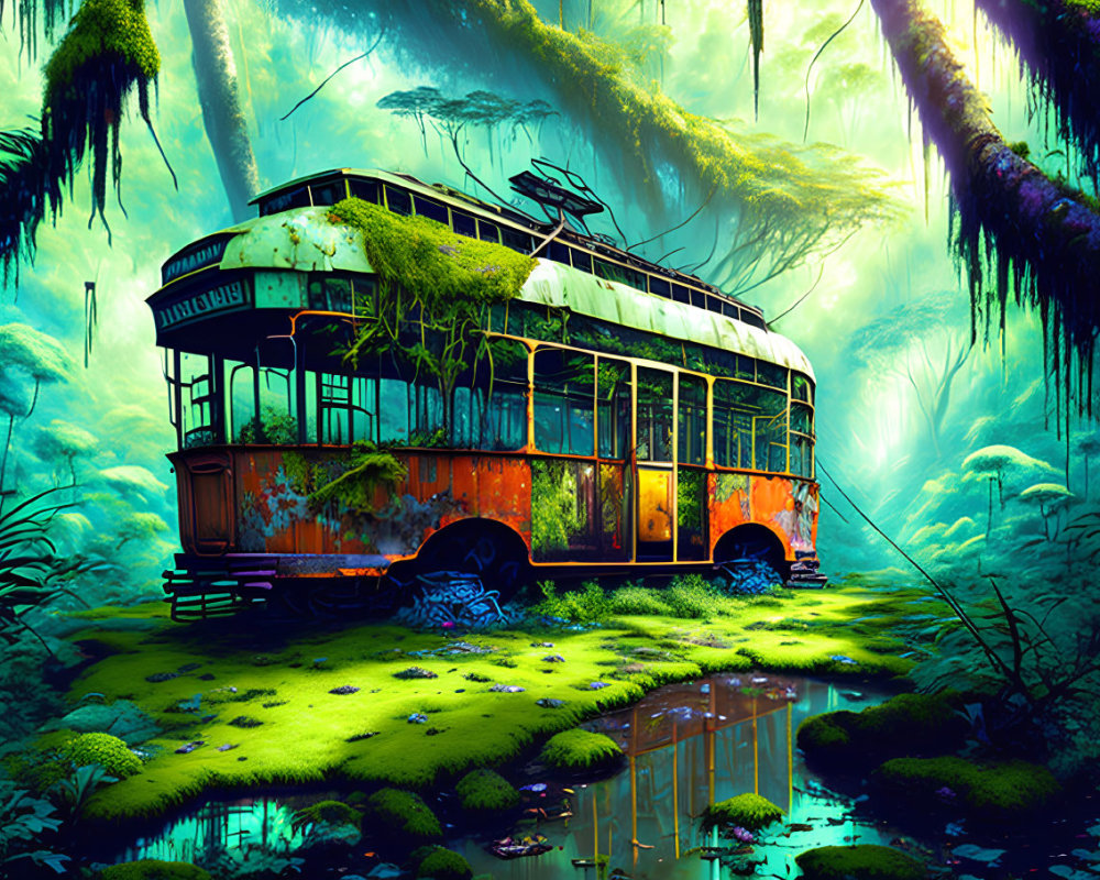 Abandoned moss-covered tram in lush forest with serene pond