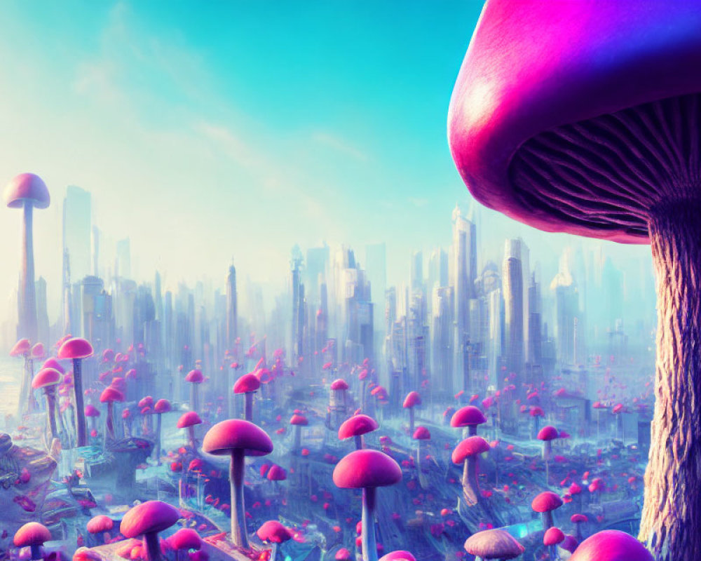 Futuristic cityscape with giant mushrooms and skyscrapers in pink and purple haze