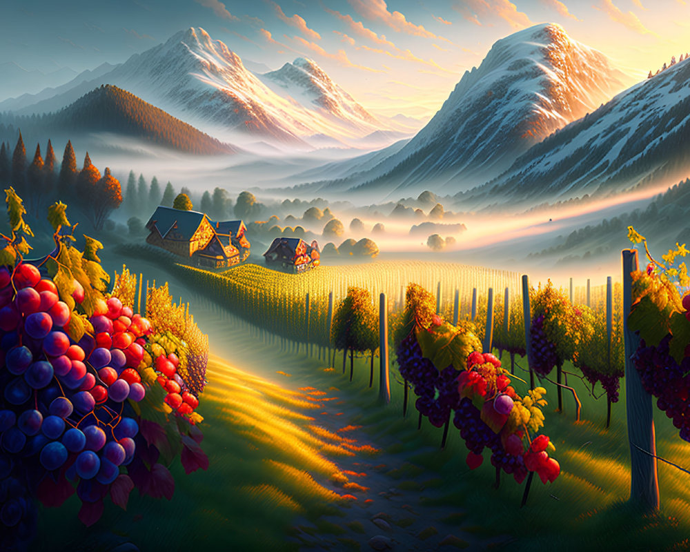 Picturesque Vineyard with Cottages and Snow-Capped Mountains at Sunrise