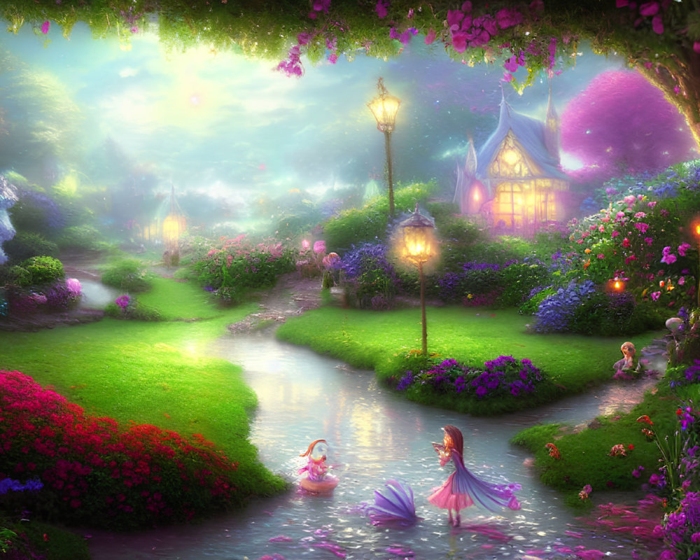 Colorful garden with lanterns, cottages, stream, and ethereal figures among flowers