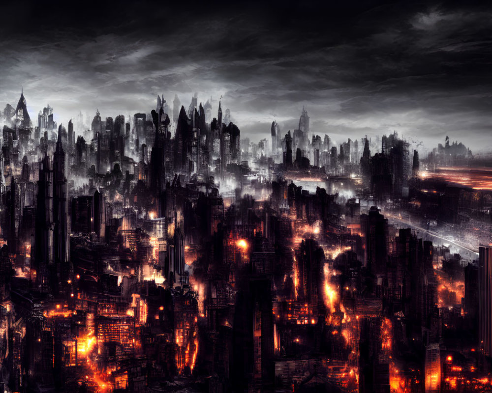 Dystopian cityscape at night with fire, smoke, and skyscrapers