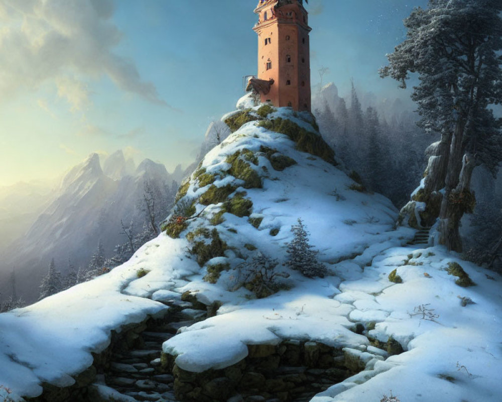 Snowy landscape with solitary tower, pine trees, and mountains under blue sky