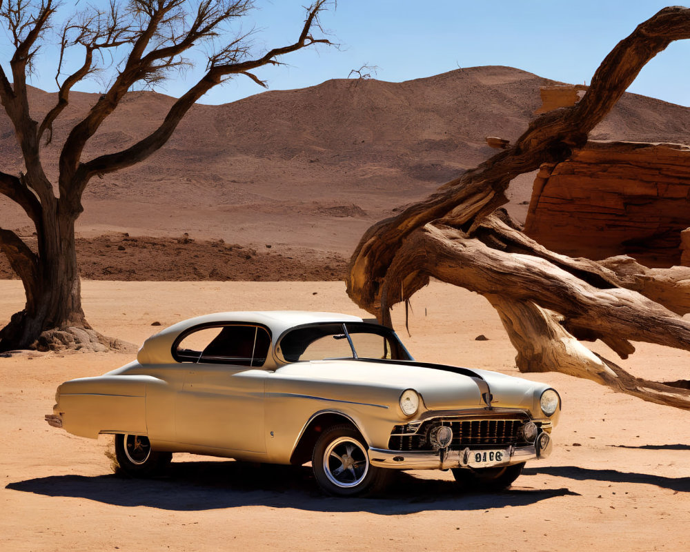 Vintage Car in Desert Landscape with Arid Trees and Sand Dunes