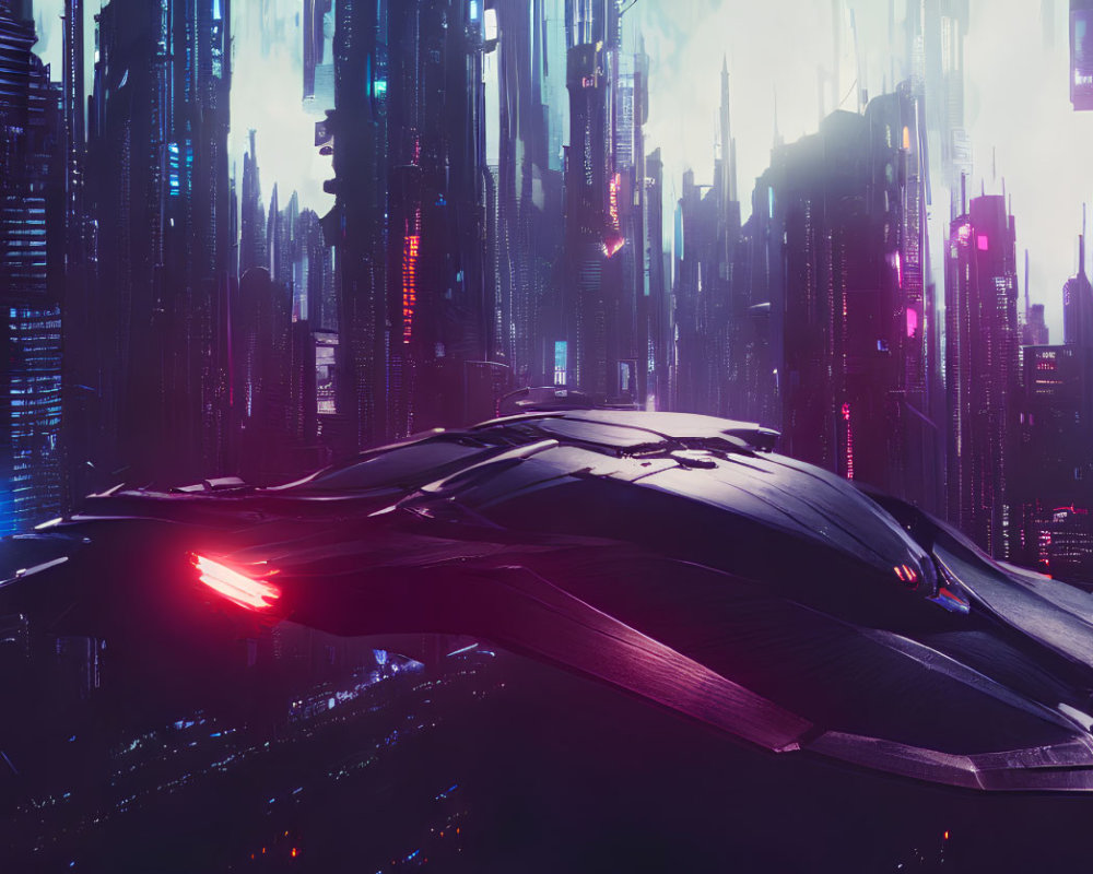Futuristic spaceship in neon-lit high-tech cityscape at dusk