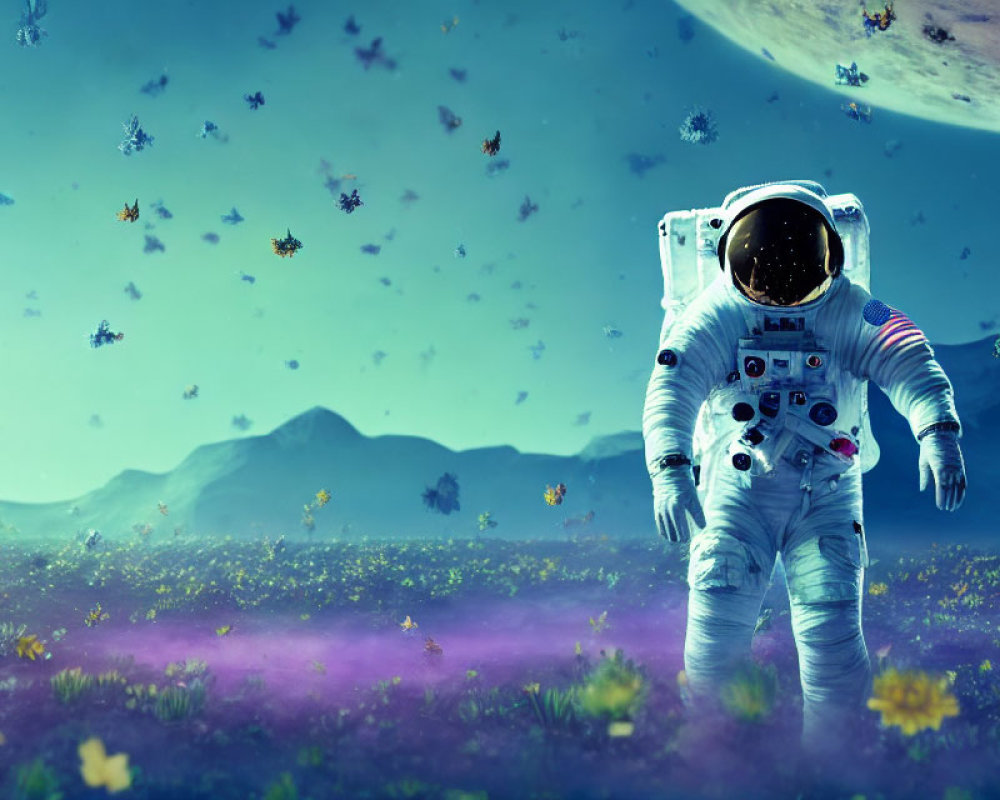 Astronaut on flower-filled alien landscape with moon and jellyfish-like creatures