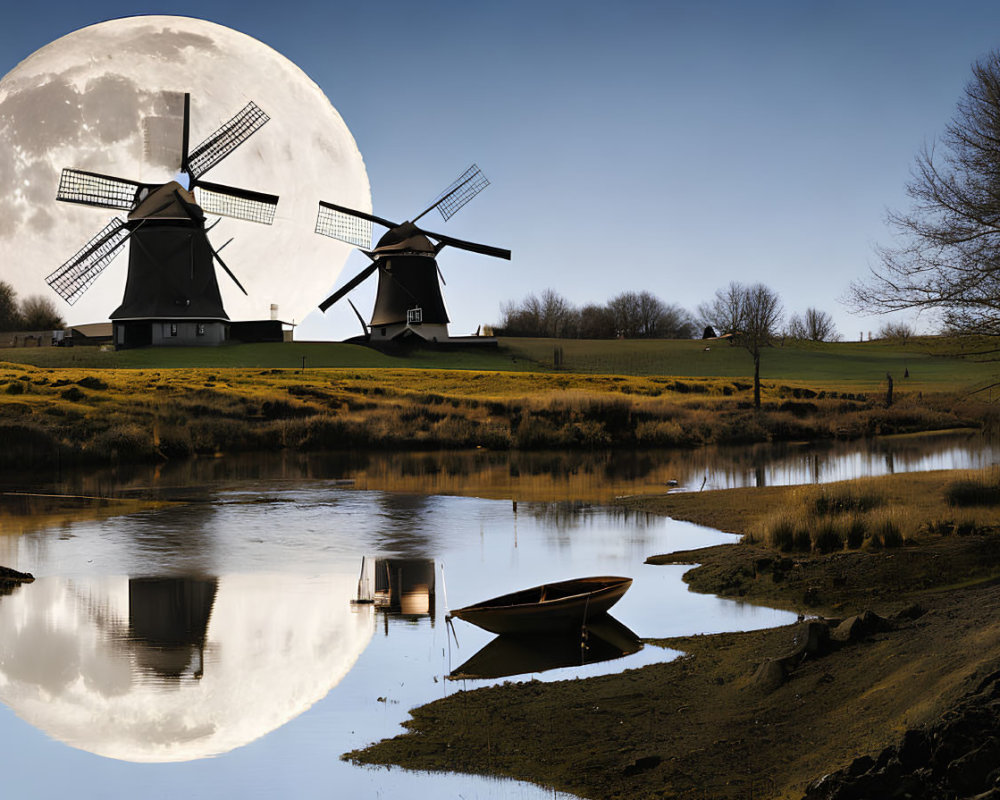 Scenic river landscape with windmills, moon, and boat.