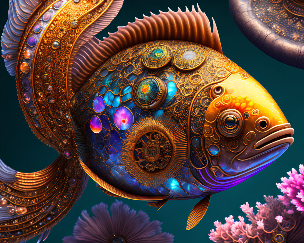 Detailed digital artwork: Vibrant fish with metallic scales, swimming in coral