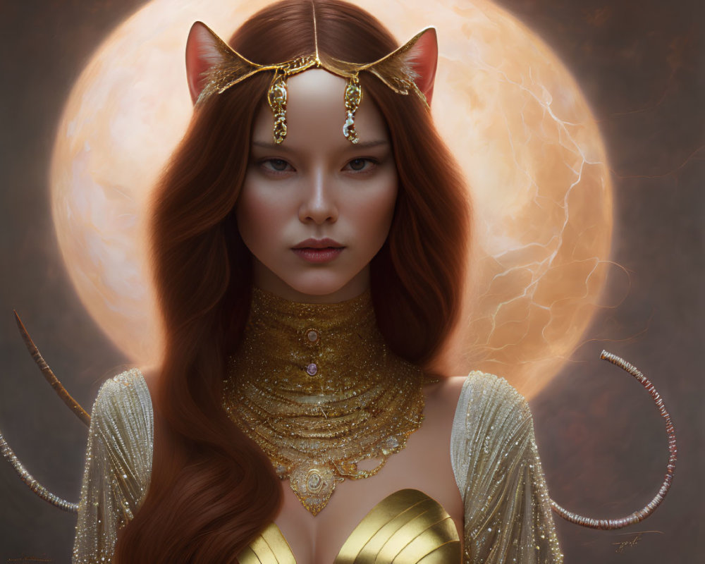 Portrait of woman with feline ears, gold jewelry, moon, and lightning