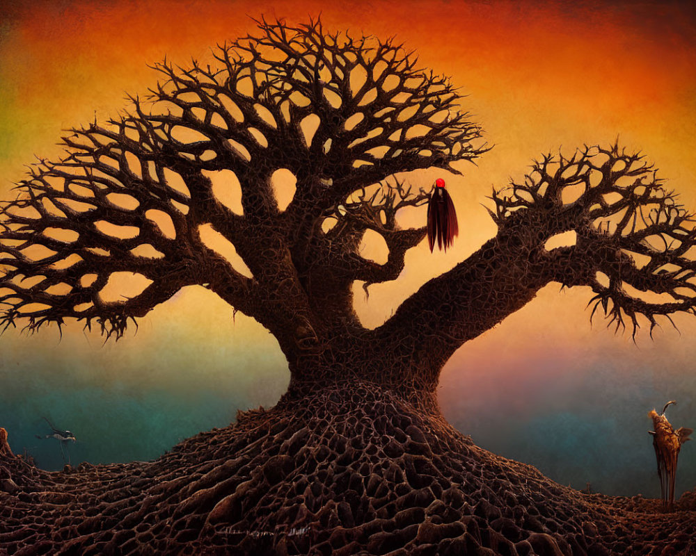 Vibrant surreal painting: Baobab tree, scarlet figure, birds in fiery sky