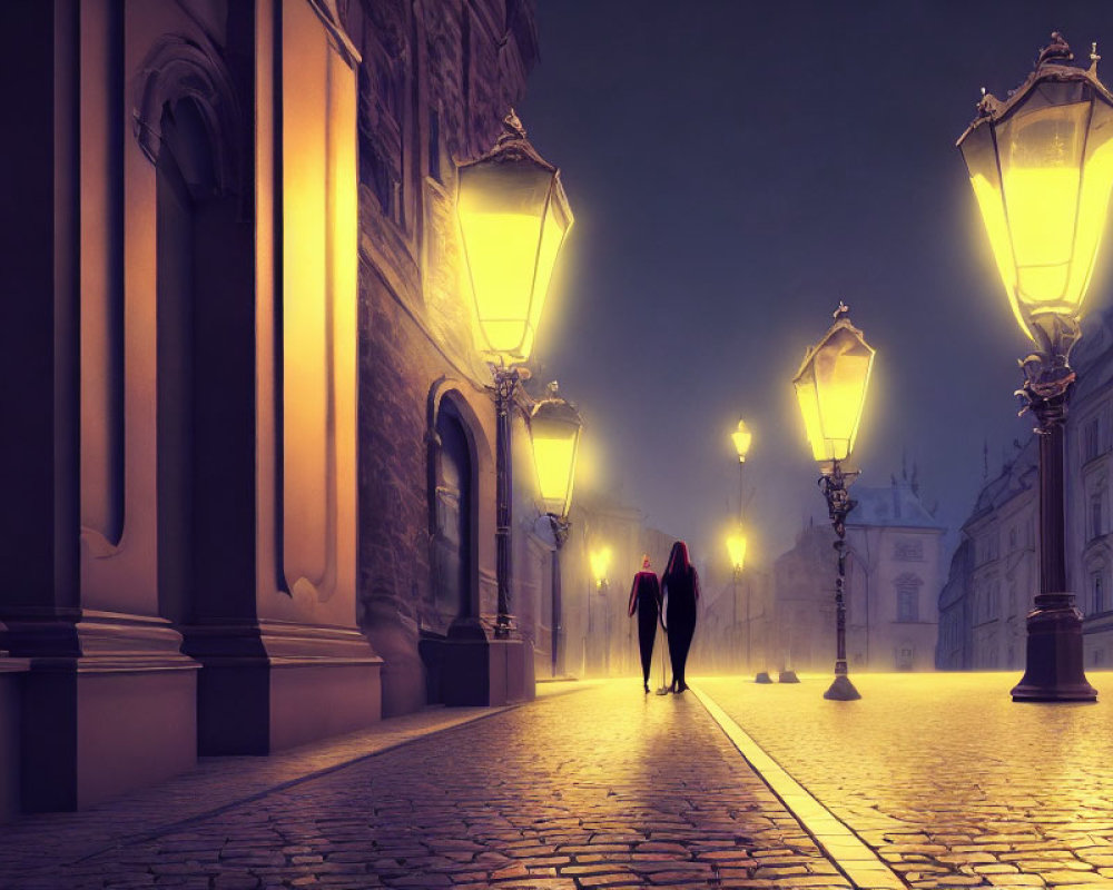 Historical cobblestone street at night with warm street lamps and couple walking.