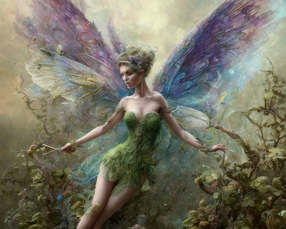 Mystical fairy with iridescent wings in green dress among flourishing foliage