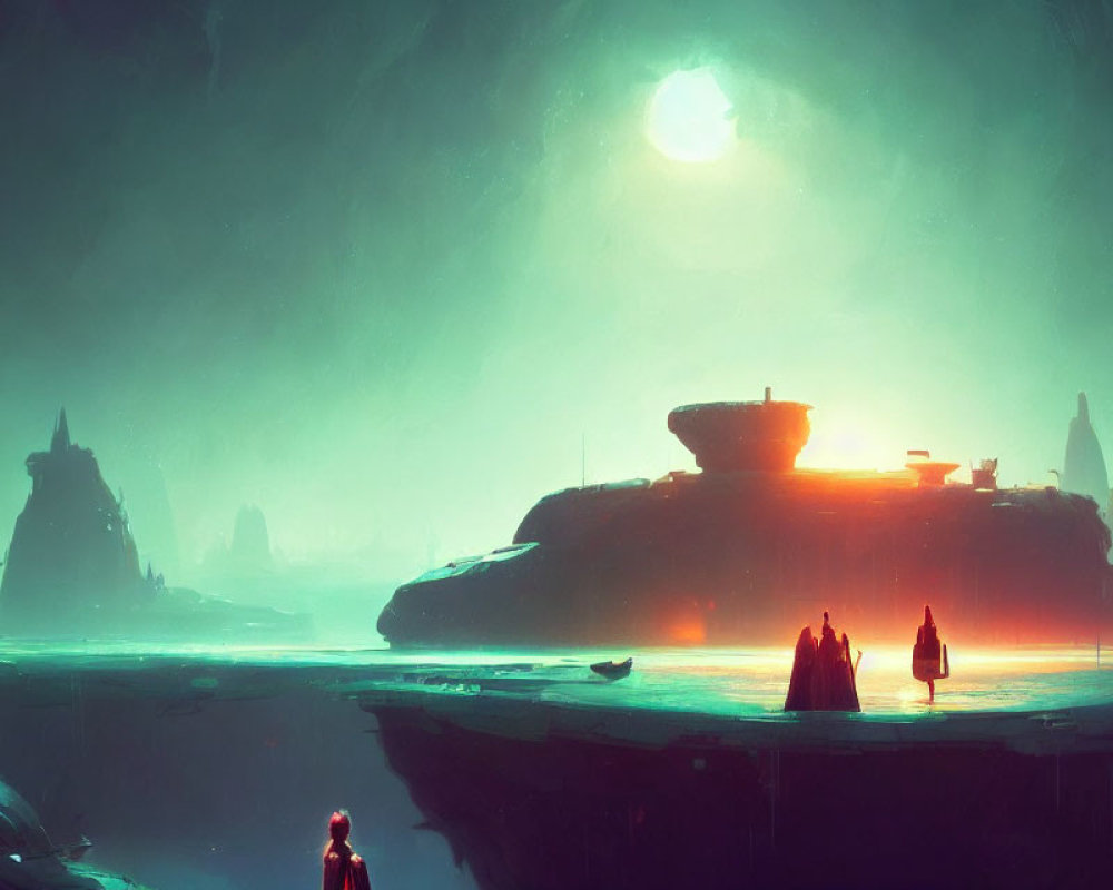 Futuristic sci-fi scene with figures, alien landscape, and advanced technology