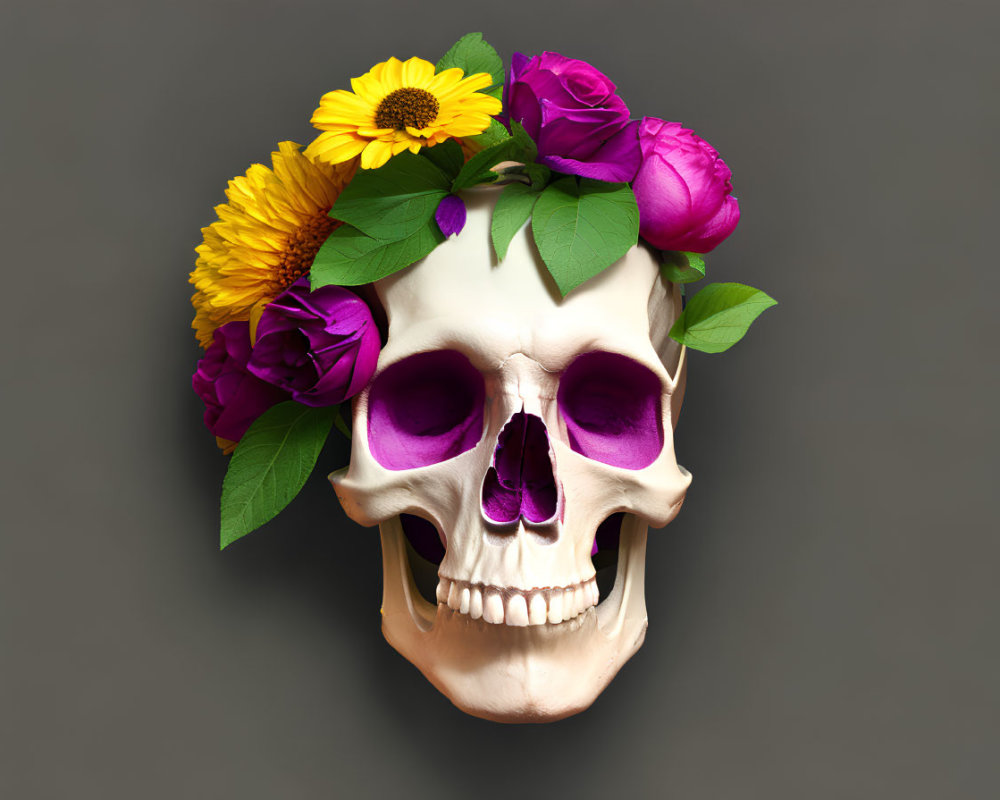 Skull with purple and yellow flowers on grey background symbolizing life and death