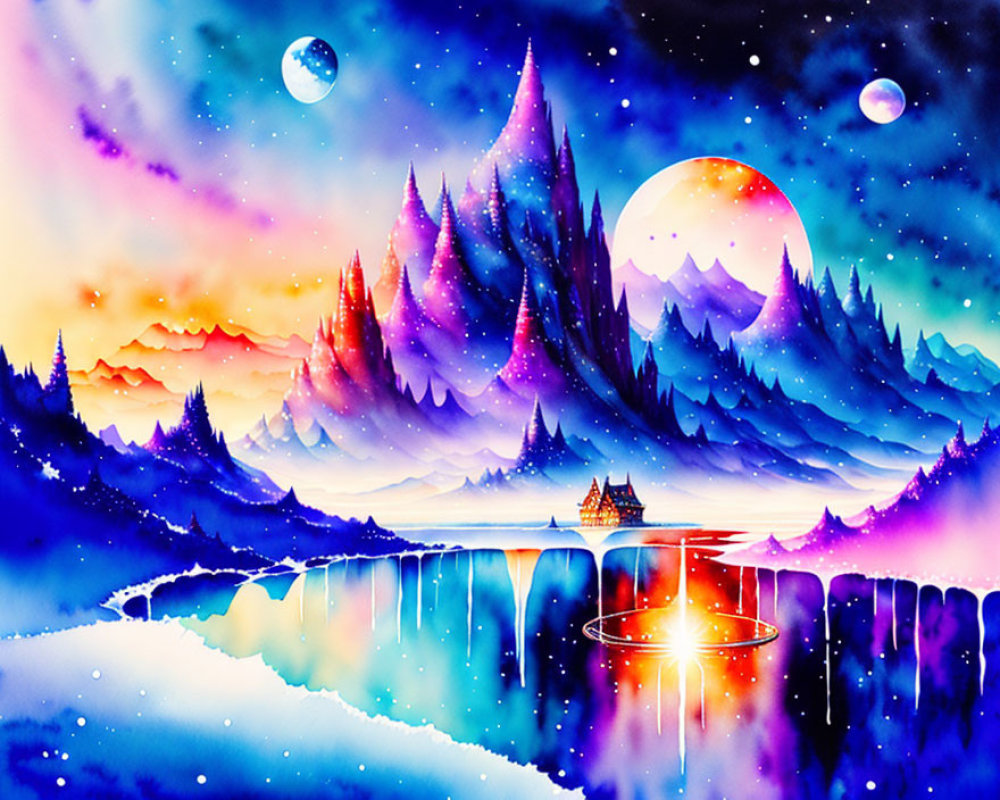 Colorful Landscape: Mountain Range, Lake Reflection, Starry Sky, Multiple Moons