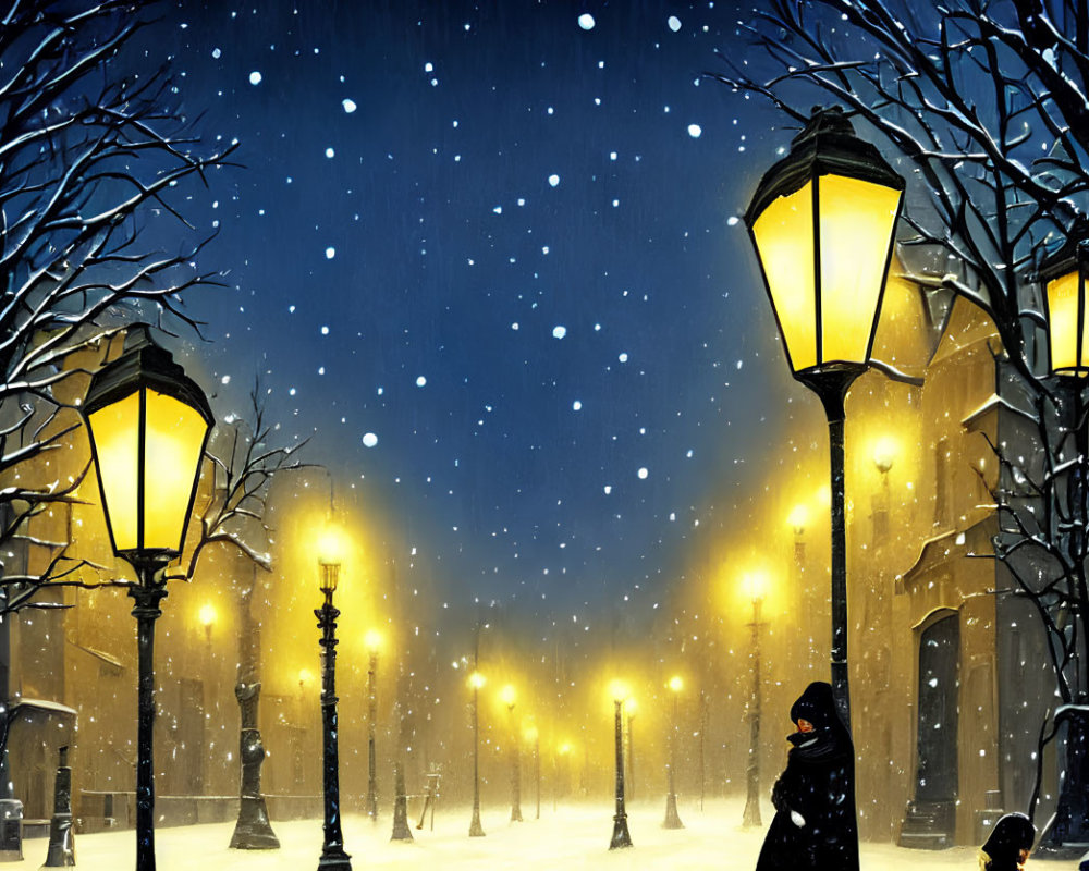 Snow-covered street with glowing lamps and falling flakes