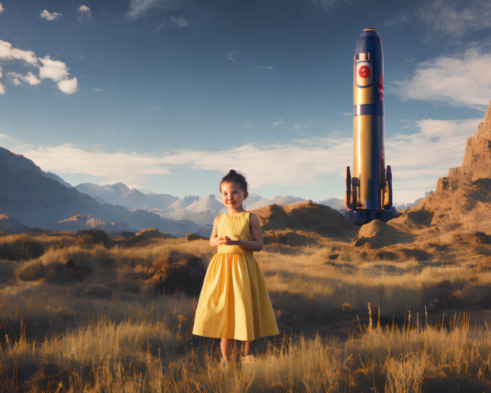 Girl in Yellow Dress Poses with Rocket in Mountain Field
