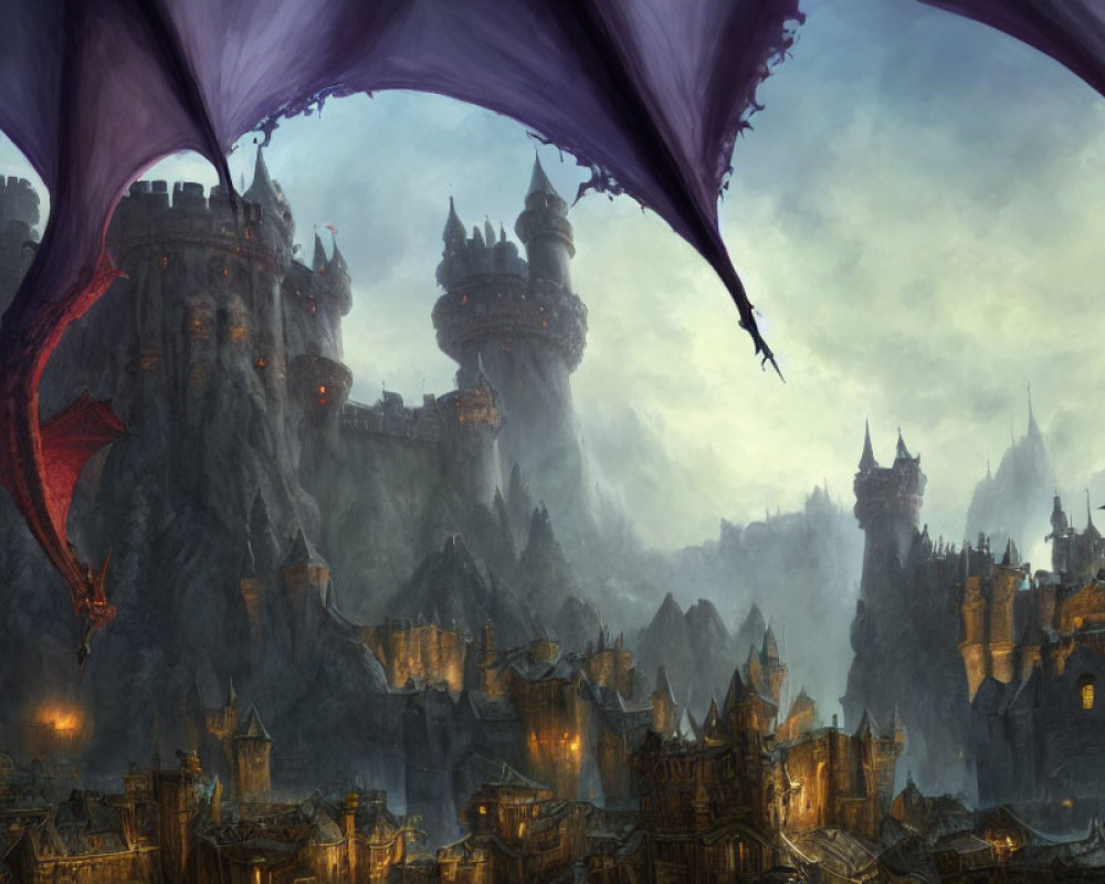 Fantasy landscape with towering castles and red dragon wings