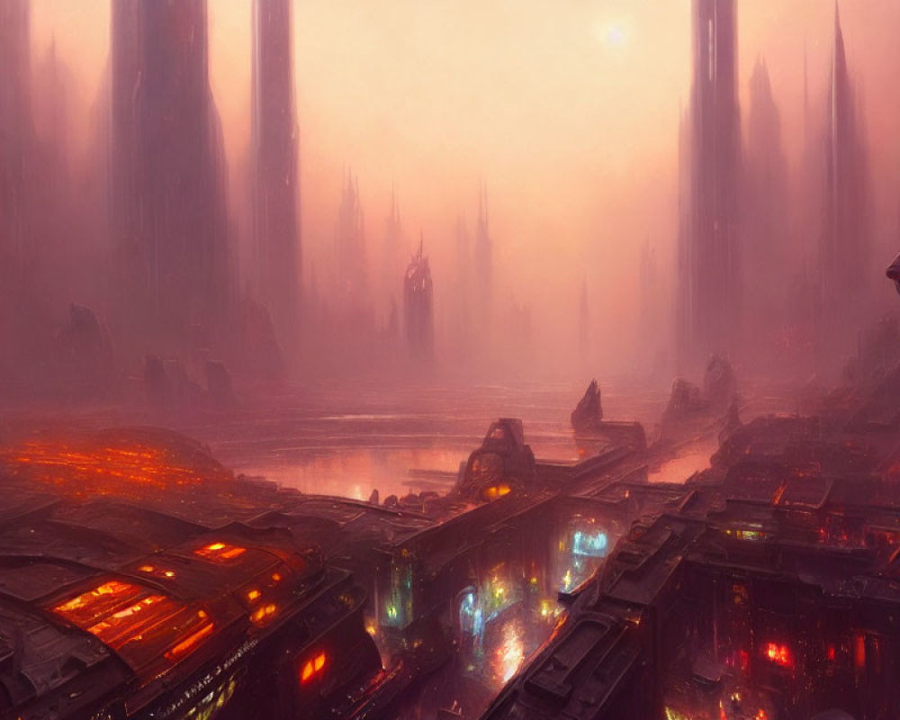 Dystopian cityscape with towering spires and eerie red glow