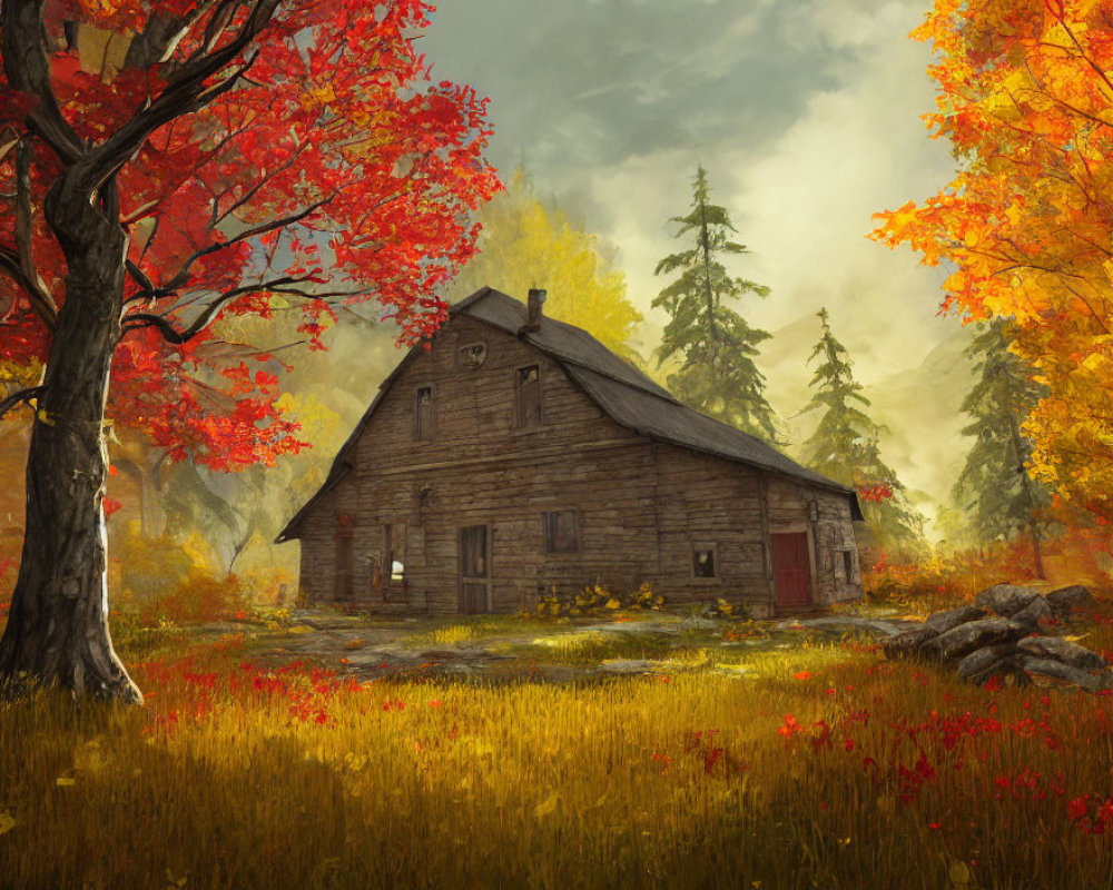 Rustic wooden cabin surrounded by vibrant autumn foliage