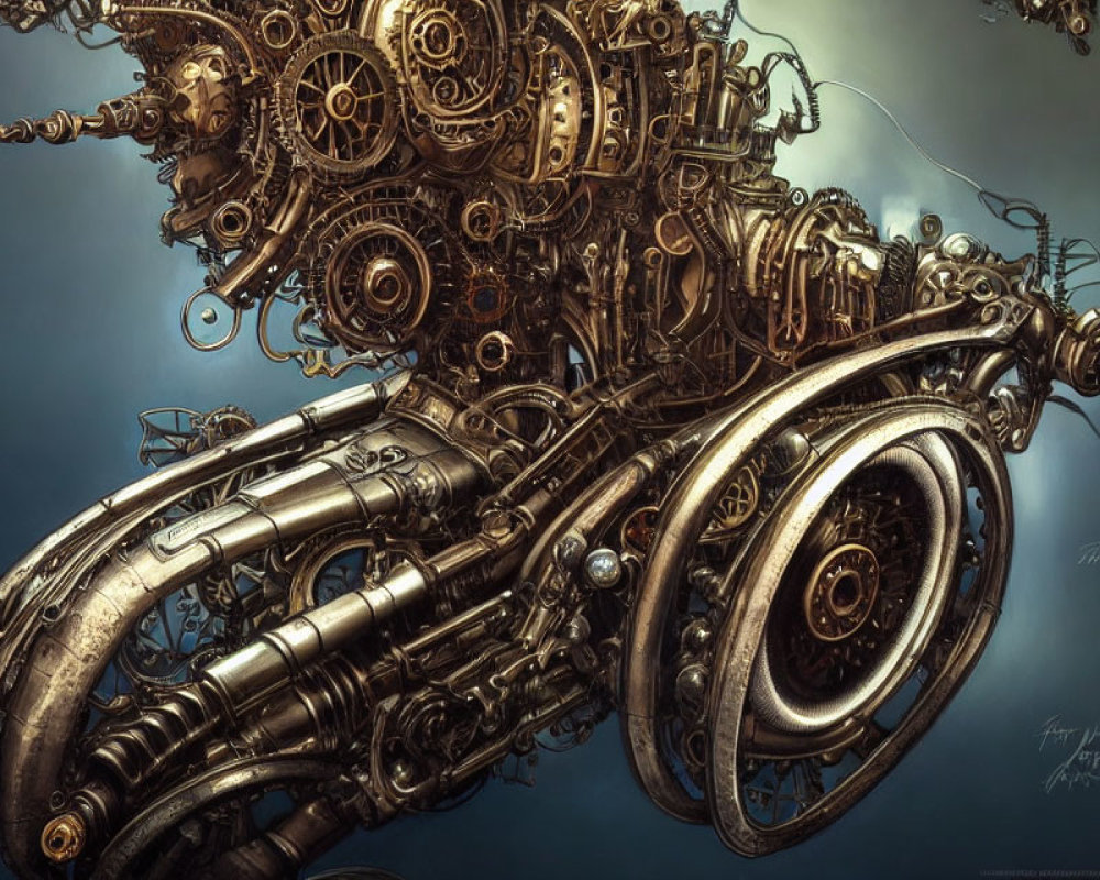 Detailed Steampunk-Style Motorcycle Drawing with Gears and Pipes