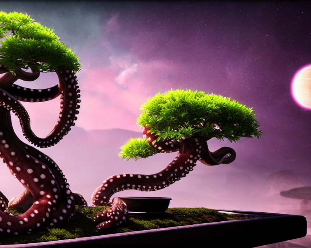 Surreal landscape featuring bonsai trees styled as octopus tentacles under a cosmic sky
