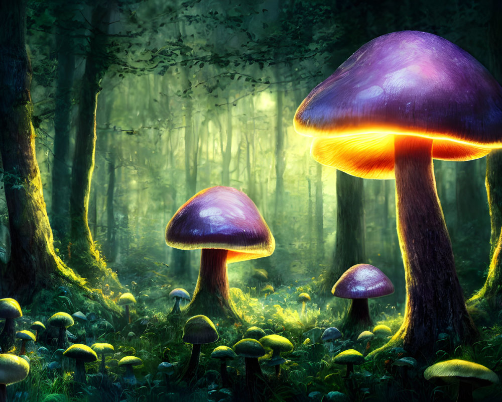 Enchanted forest scene with oversized purple mushrooms and misty green foliage